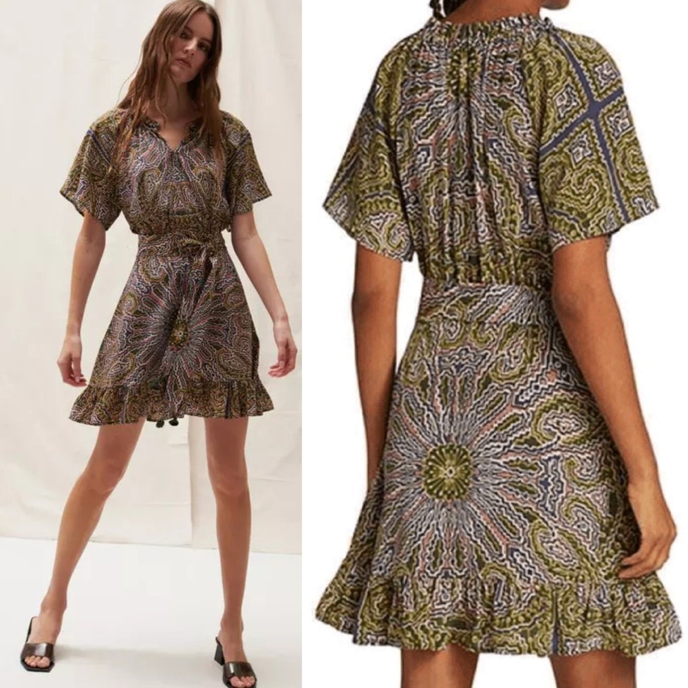 Figue 100% Silk Cleo Psychedelic Print Mini Dress Bohemian Ruffle Hem Size Small